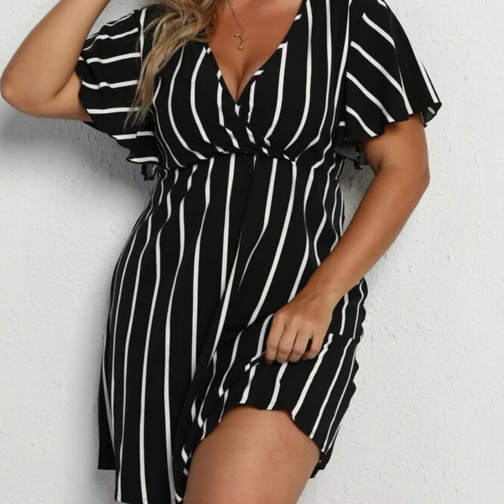 Striped surplice neck A-line dress